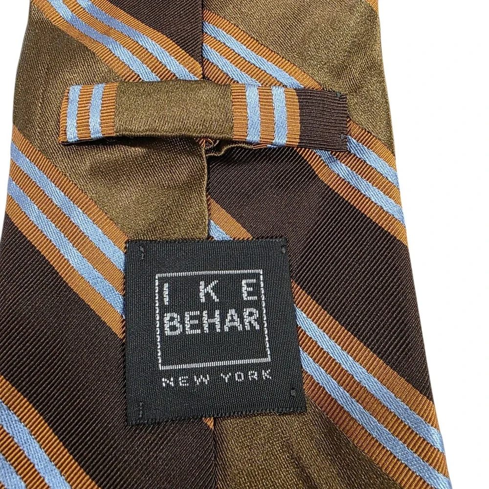 Ike Behar 7-Fold Mens Tie Necktie Designer Luxury Brown Blue‎ Stripe Cotton Silk